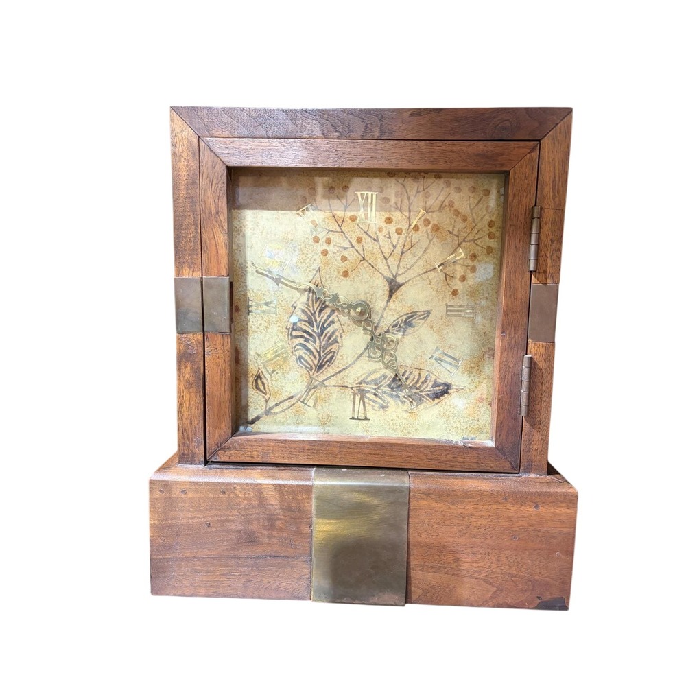 Vintage Handcrafted Walnut Wood Mantel Clock Botanical Leaf Brass 1978 Custom